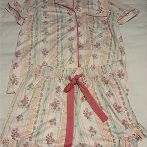 Floral Stripe Cotton Pajama Set with Pink Trim